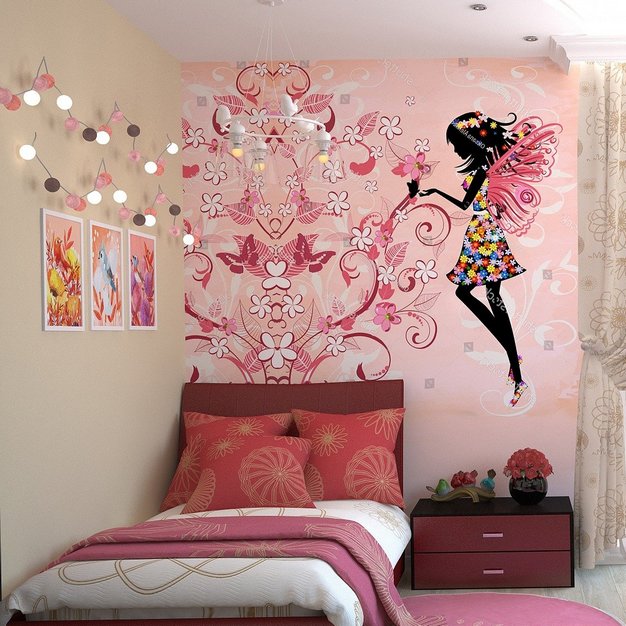 chambre de fille avec un mur bien décoré avec des dessins et de la lumière
